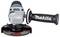 A cordless angle grinder with a black handle labeled 'Makita', featuring a silver and blue motor housing and a visible grinding disc.