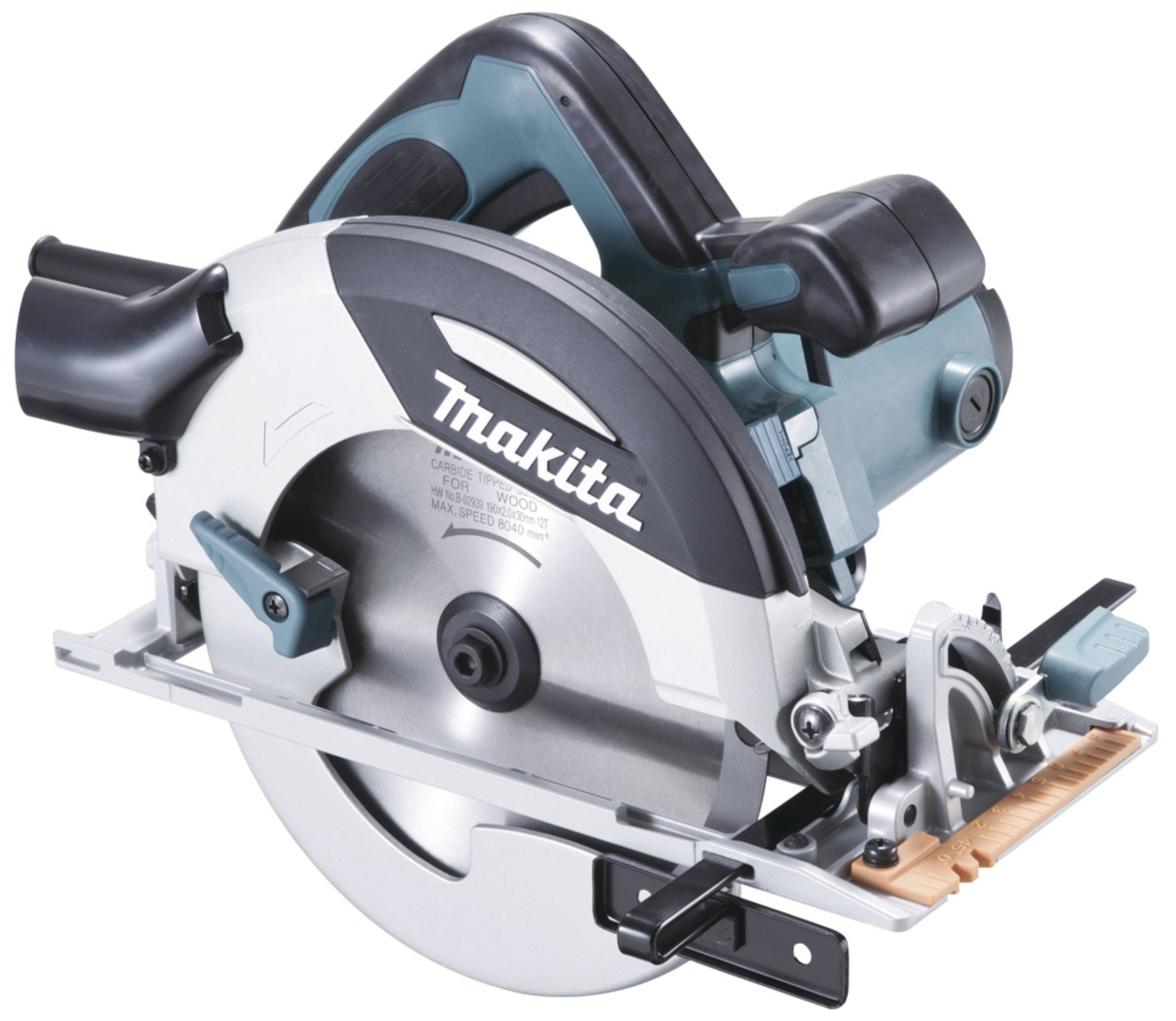 Electric circular saw by Makita with a silver casing, black handle and protective guard. It is suitable for cutting wood.