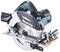Electric circular saw by Makita with a silver casing, black handle and protective guard. It is suitable for cutting wood.
