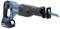 A blue cordless reciprocating saw with an ergonomic handle and interchangeable saw blade, suitable for cordless working.