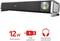 Black soundbar with silver volume control and green LED indicator. Has 12W peak power, USB power supply, and headphone jack.