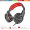 Black gaming headphones with red inner padding, foldable microphone and cable, compatible with PC, PS4, Xbox One, Switch and mobile devices.