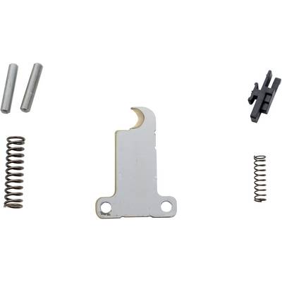 Metal component with two springs, two metal pins, and a black plastic part, potentially part of a mechanism.