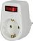 White plug-in outlet adapter with red illuminated switch and round socket, showing a green ground indicator.