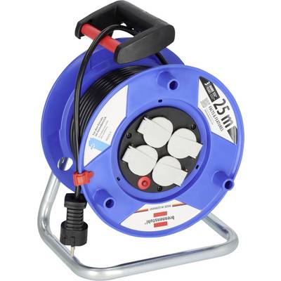 Blue cable reel with four electrical outlets, a red carry handle, and a power cord plugged in, on a metal stand.