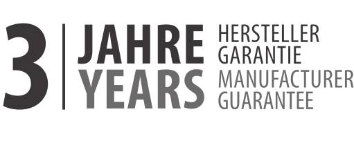 Warranty badge reading '3 JAHRE / 3 YEARS' with 'HERSTELLER GARANTIE / MANUFACTURER GUARANTEE' indicating a 3-year manufacturer guarantee.