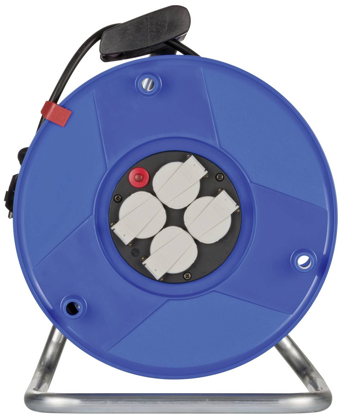 A blue extension reel with four plug sockets and a black handle mounted on a metal frame.