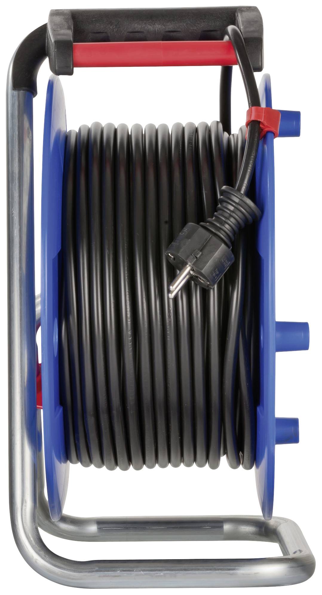 Electrical cable reel with a long, black cable mounted on a blue frame, suitable for indoor use.