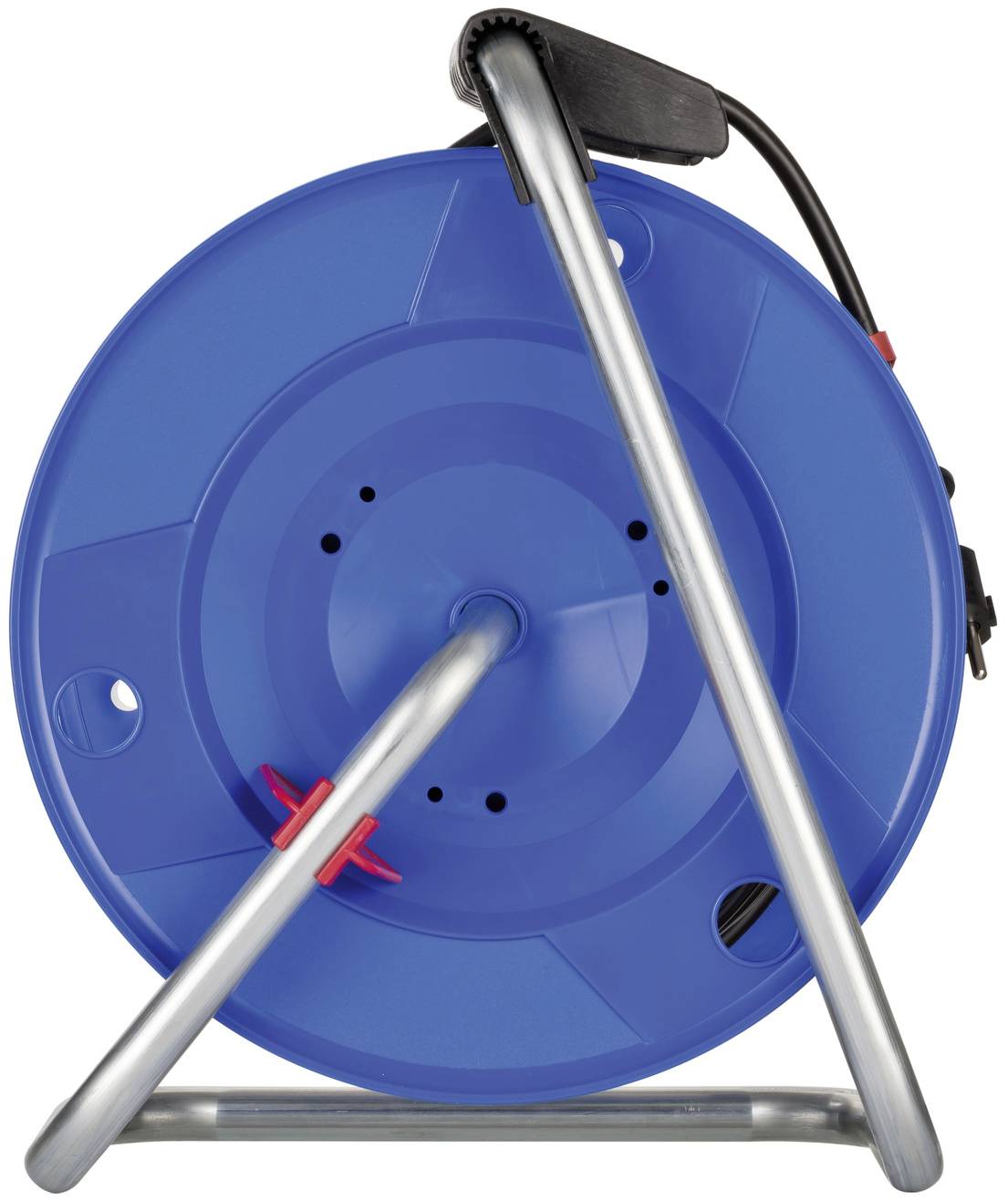 A blue cable drum with a black handle, standing on a silver metal frame.