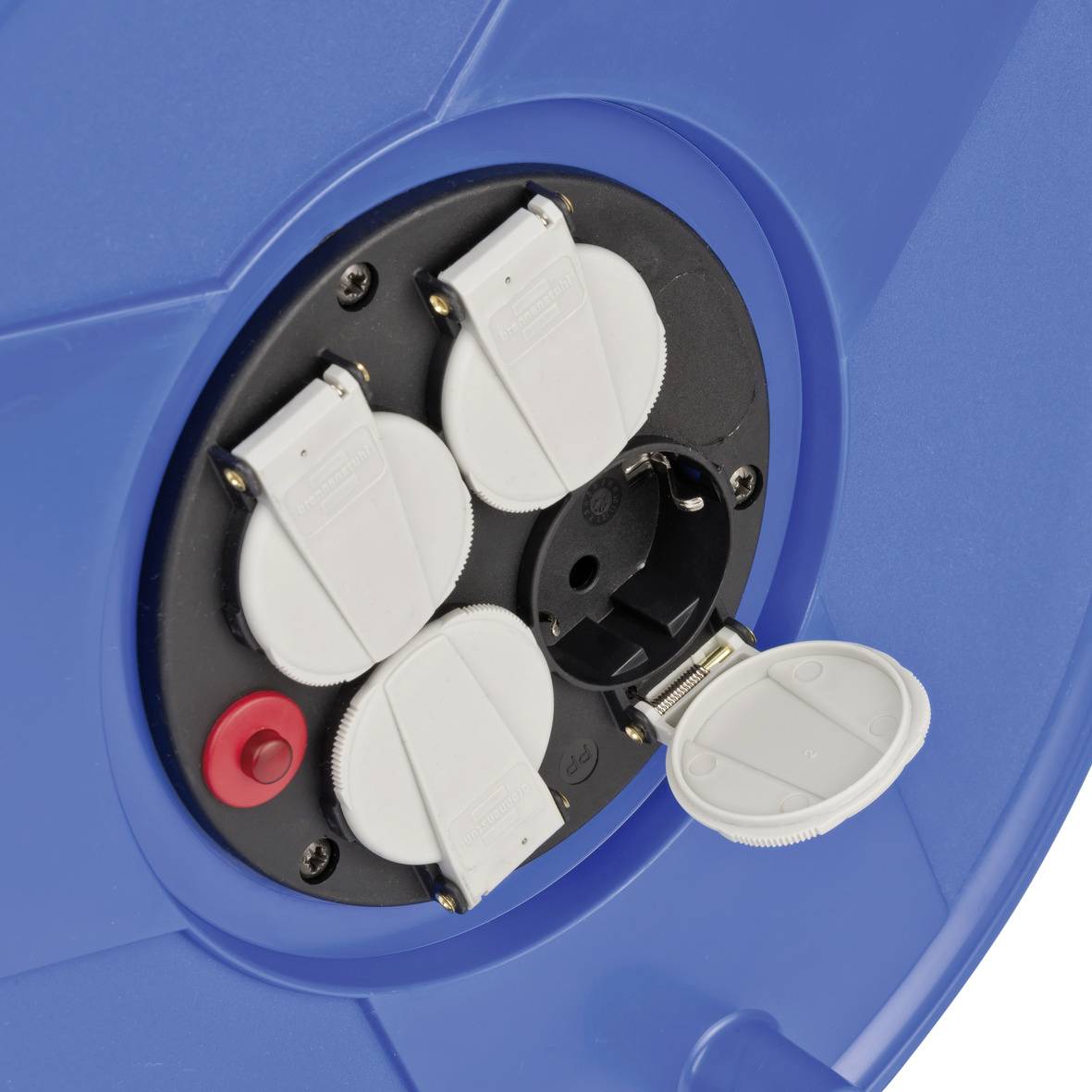 Close-up of a blue cable reel with four white power sockets and a red button on the right-hand side. A cover is open.