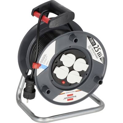 Black cable reel on a metal stand with a carry handle, four socket outlets, and a 25 m power cord coiled around the drum.