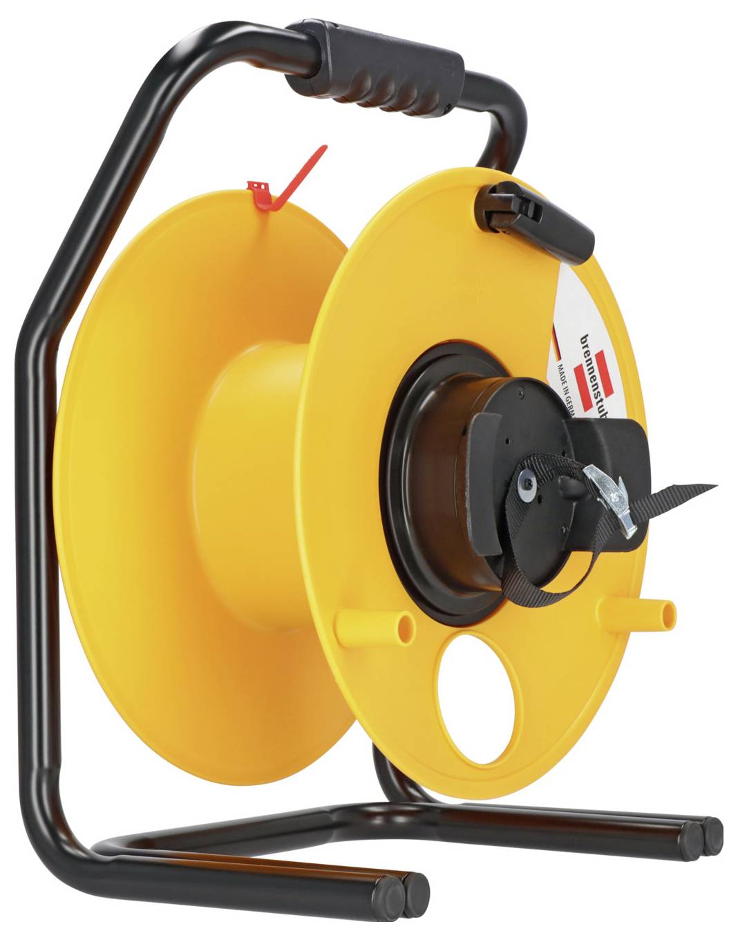 Yellow cable reel with a black frame. It has an ergonomic handle and is designed for cable organisation.
