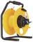 Yellow cable reel with a black frame. It has an ergonomic handle and is designed for cable organisation.