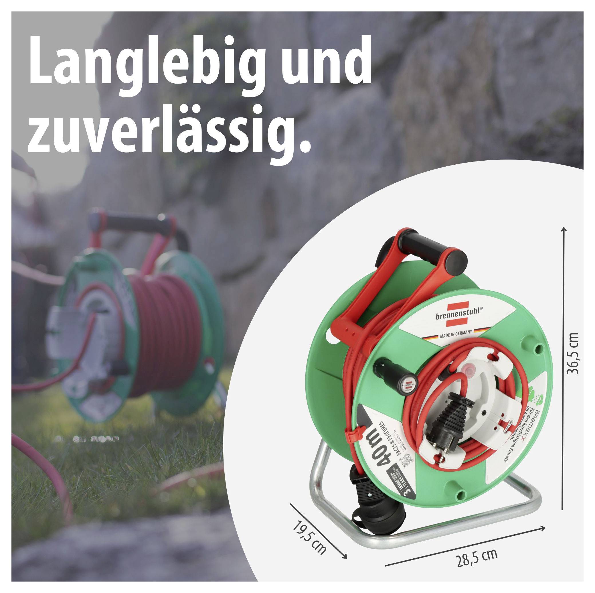 Advertisement illustration of a cable reel; Text 'Durable and reliable.' and product with dimensions 19.5 cm, 28.5 cm, 36.5 cm.