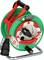 'Green cable drum with red handle and black plug, standing on a metal stand. Suitable for outdoor use.'