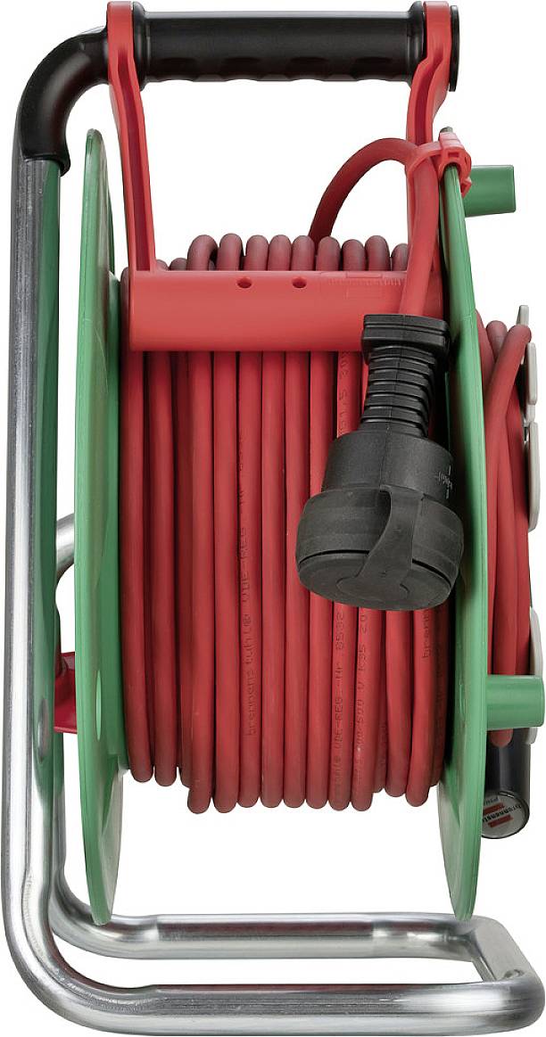 Red cable drum with black plugs, mounted on a metal frame.