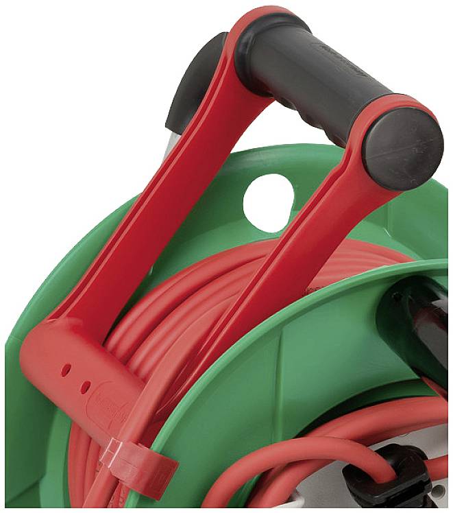A green cable drum holder with a red handle and red cable, wound onto the drum, close-up of the top surface.