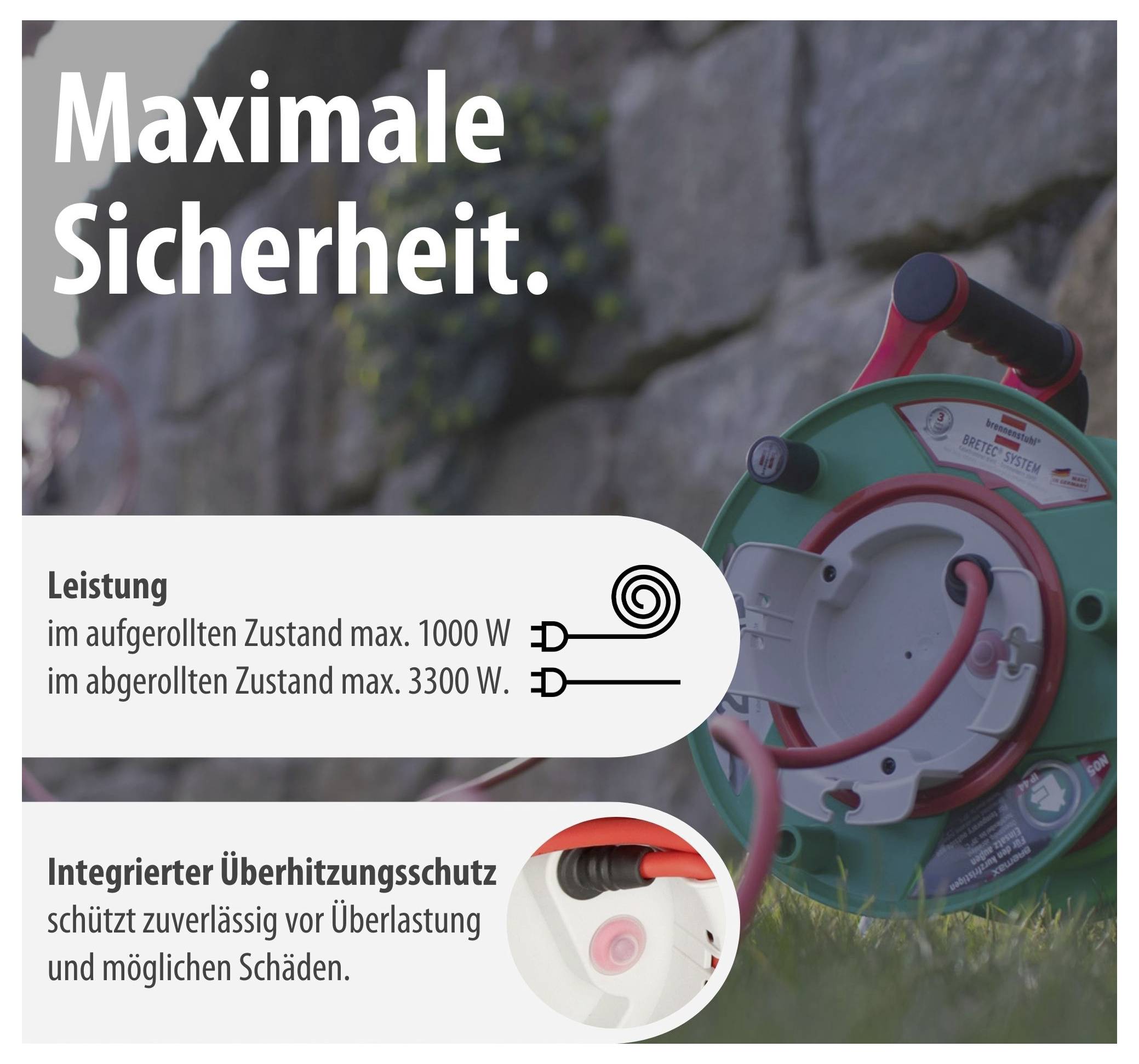 Advertising graphic for a cable reel with the heading 'Maximum Safety.'; cites power of up to 1000 W when unrolled and 3300 W when rolled up, as well as integrated overheating protection.