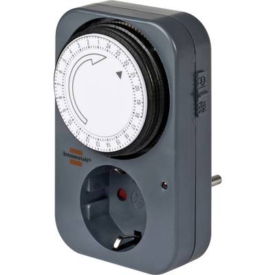 Gray plug-in timer switch with a round numbered dial and built-in electrical outlet on the front<br>