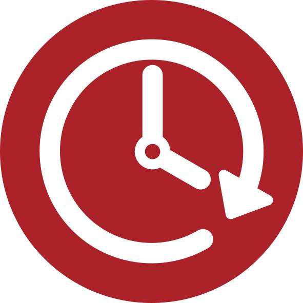 Red circular clock icon with a white arrow wrapping around the lower right, suggesting time or schedule refresh.<br>