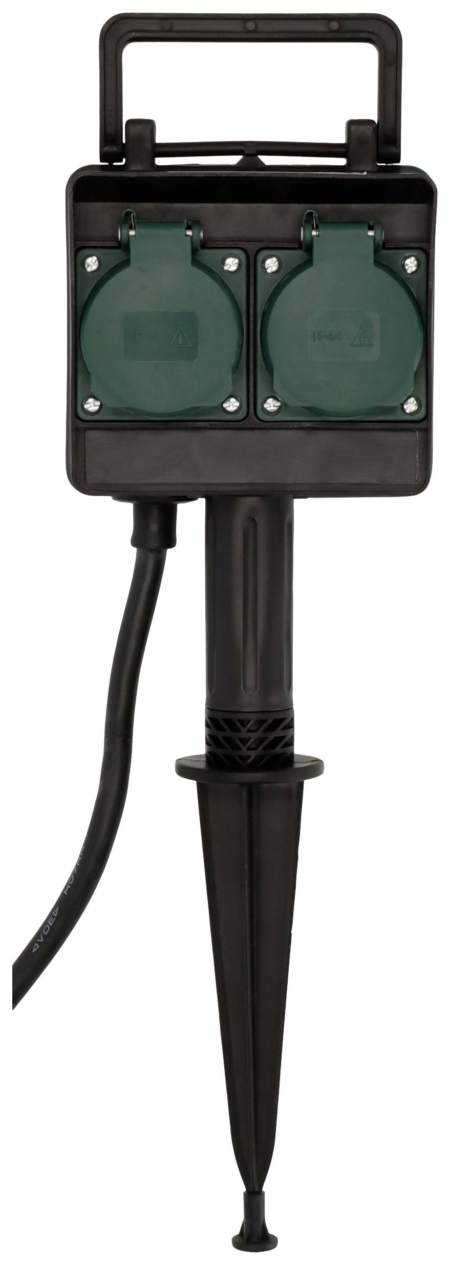 A black outdoor power strip with two green sockets mounted on a ground spike. Ideal for garden lighting or lawn care.