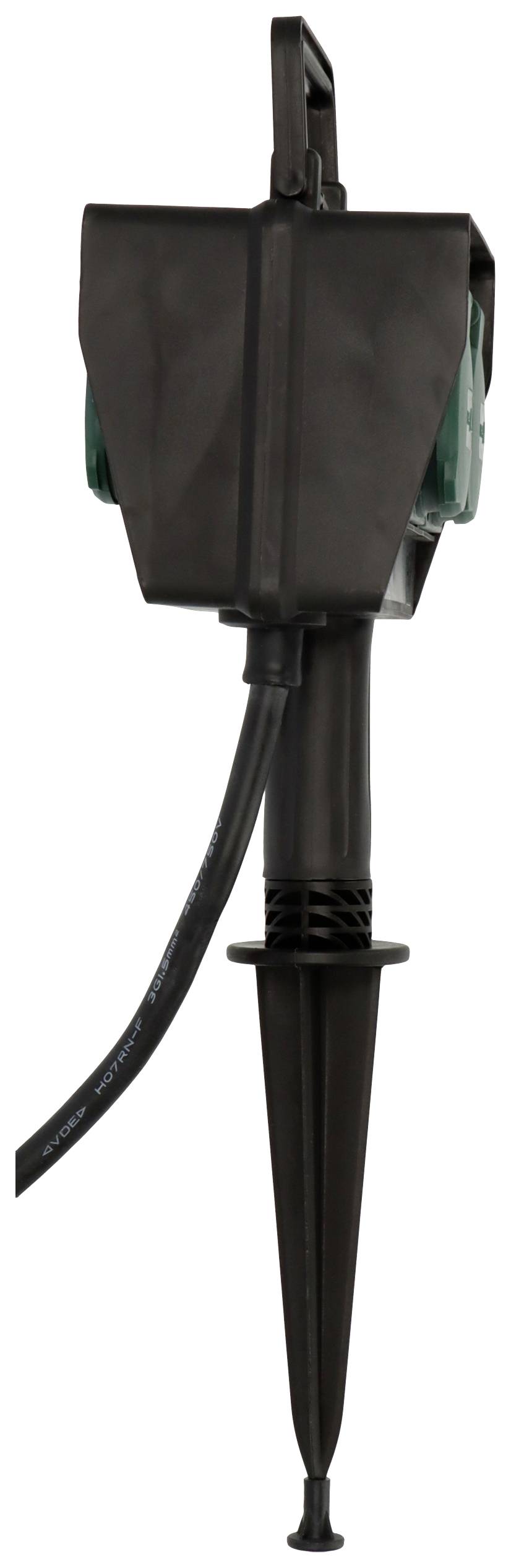 A black outdoor socket with ground spike, suitable for installation in the ground. It features multiple plug sockets for exterior use.