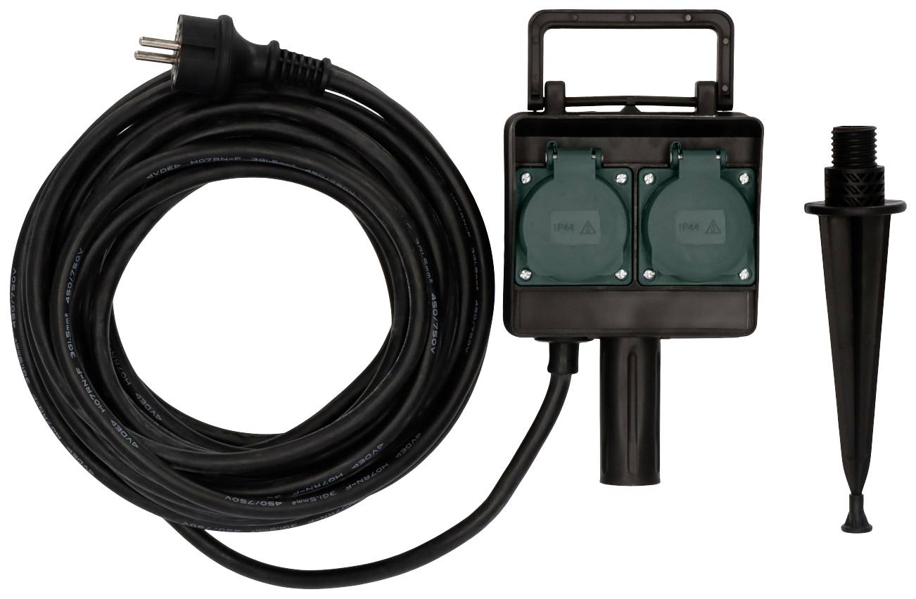 'Garden power distributor with two socket outlets and long cable. A ground stake for easy installation is included.'