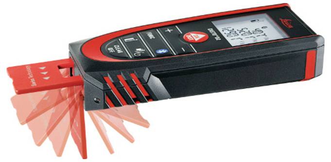 A digital measuring device with a screen displaying measurements, buttons for functions, red accents, and a swinging end-piece for angle measurement.