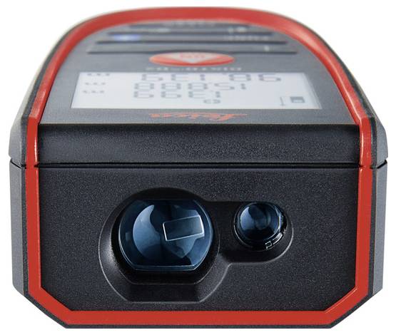 A handheld laser distance measurer with a digital display and control buttons.