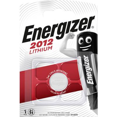 Energizer Lithium 2012 Battery, child-safe, 1 Pack. Expiry Date: 07/2029. Packaging with energy features and mascot.