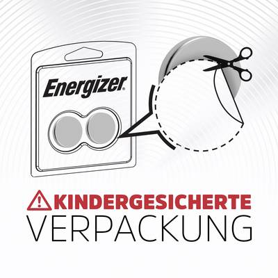 A packet of Energizer button cells with the label 'CHILD-RESISTANT PACKAGING' and a symbol indicating how to cut it open.