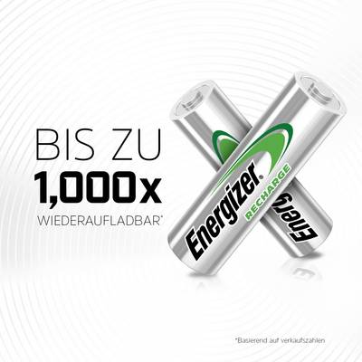 Two Energizer batteries side by side with text 'Rechargeable up to 1,000 times', on a white background.