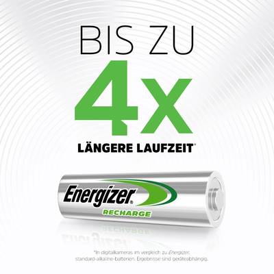 The graphic shows an Energizer battery with the label 'Rechargeable', alongside the text 'Up to 4x longer life'.
