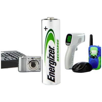 A rechargeable Energizer battery, surrounded by a laptop, a camera, a thermometer and a two-way radio.