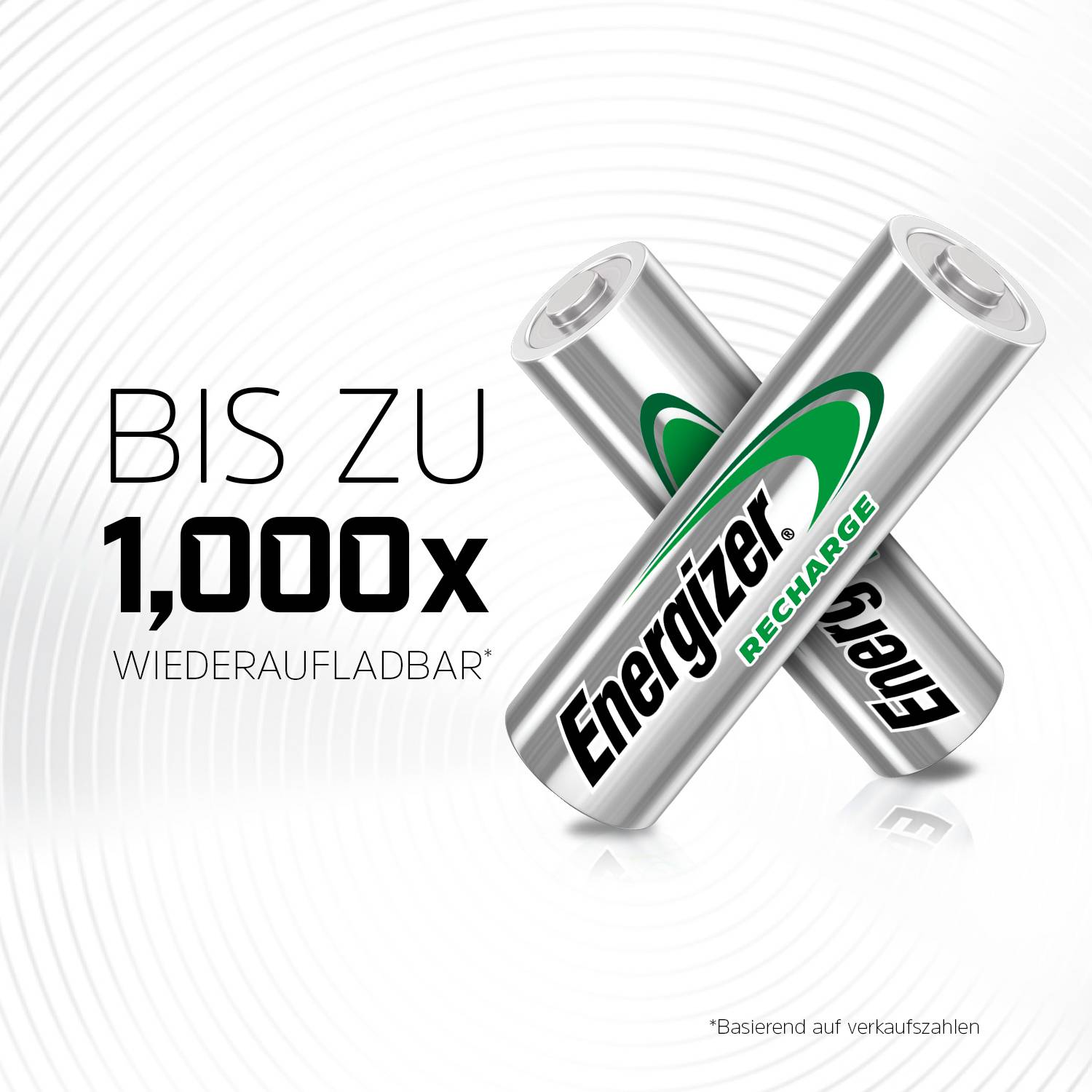 Two Energizer batteries with the text 'Up to 1,000x rechargeable', indicating that these batteries have many charging cycles.