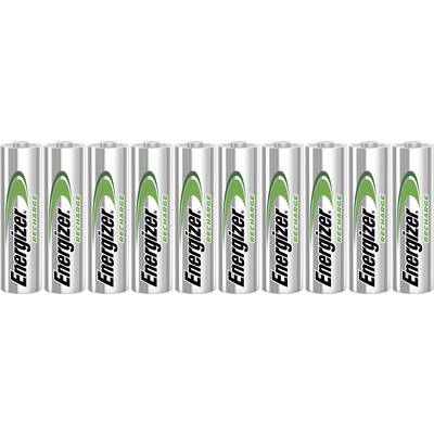 Ten rechargeable Energizer batteries lined up in a row.
