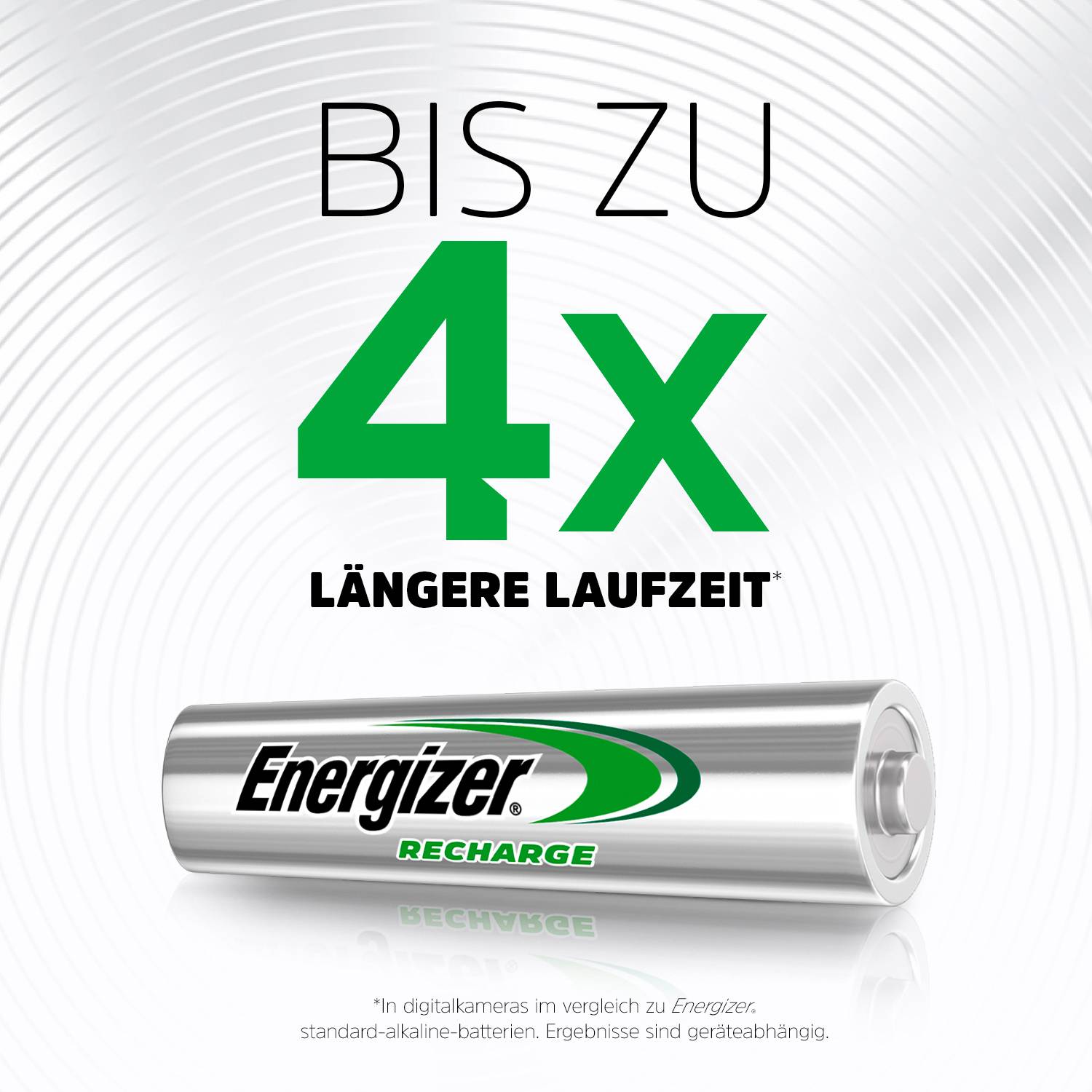 'Up to 4x longer battery life', shows an Energizer battery. The focus is on improved performance compared to standard batteries.