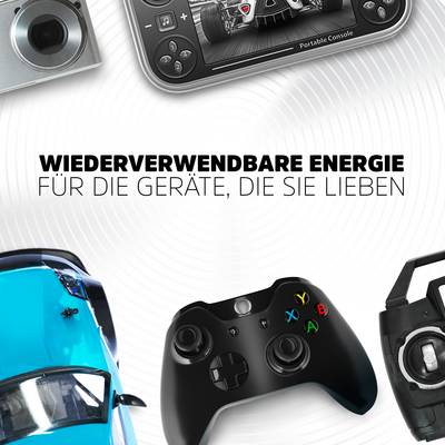 Rechargeable batteries lie next to camera, games console, and remote control. Text: 'Reusable energy for the devices you love'.