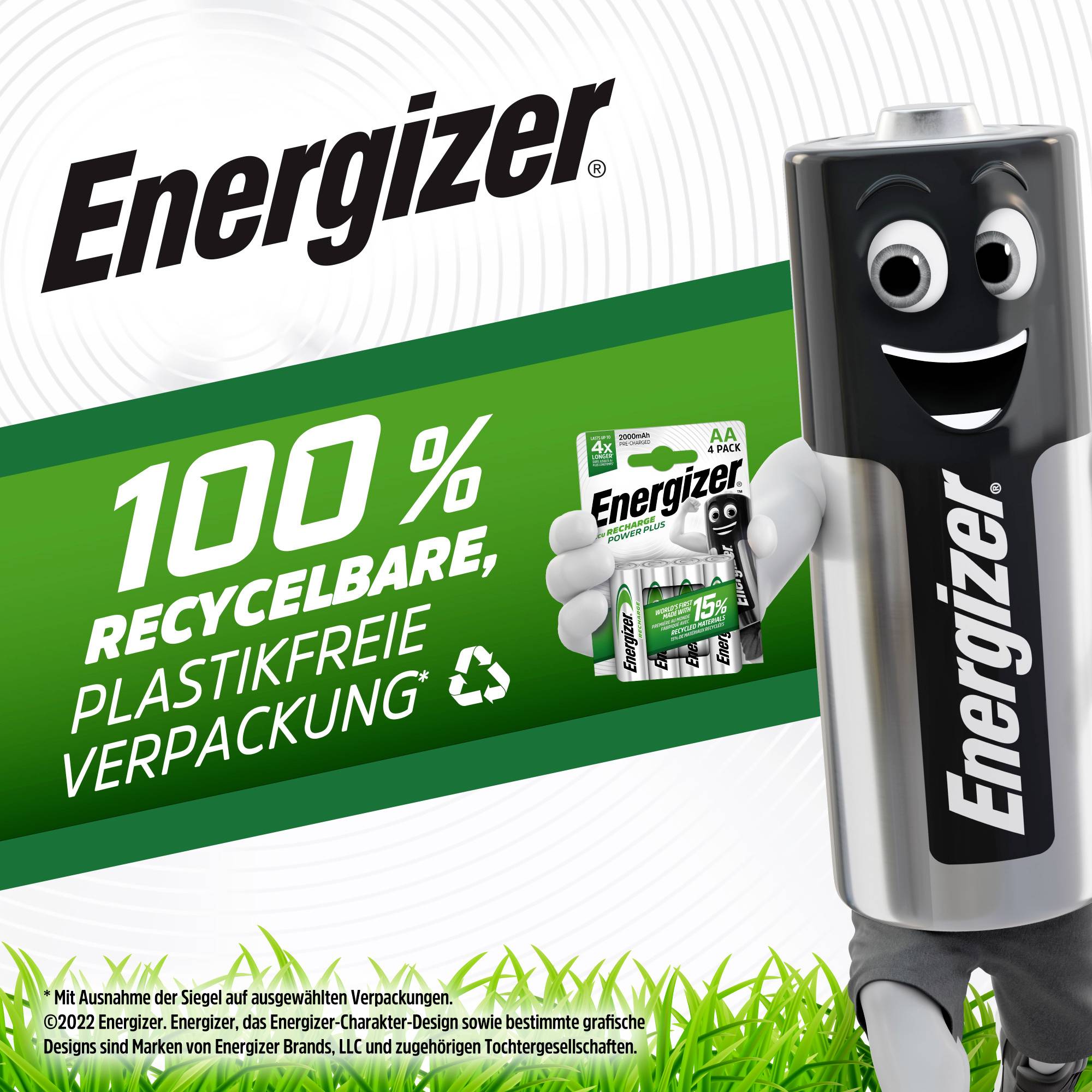 Battery figure next to packaging with text '100% recyclable, plastic-free packaging'. Energizer logo in the top left.