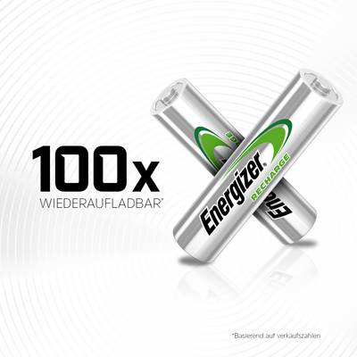Two AA batteries crossing each other with the inscription 'Energizer Recharge', alongside the text '100x rechargeable'.