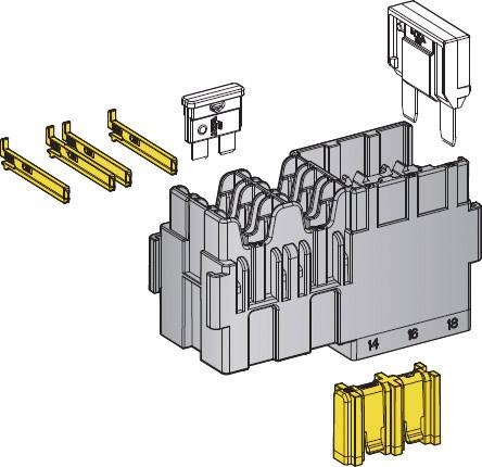 Exploded diagram of an electrical component with multiple parts, including terminals and housing in grey and yellow colours.
