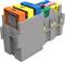 Colourful block with multiple automotive fuses of various amperage ratings, arranged in a holder. Main image for vehicle electrical systems.