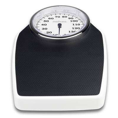 An analogue personal weighing scale with a circular display, showing weight in kilograms from 0 to 130 kg.