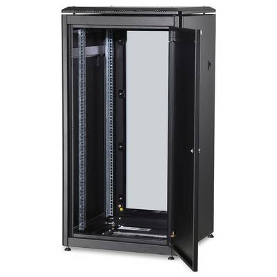 Black server rack cabinet with an open door, revealing an empty interior and mounting rails for electronic components.