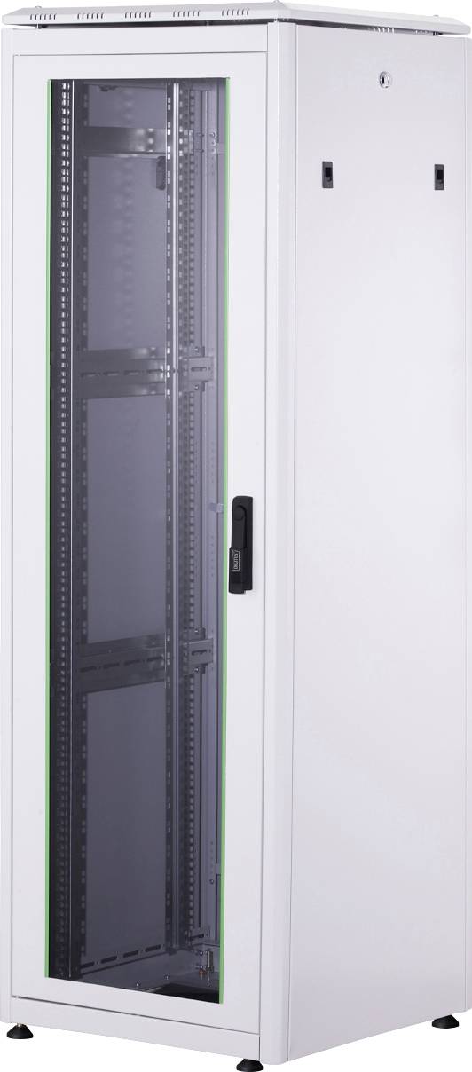 A grey server rack cabinet with a glass door, empty interior, suitable for storing IT equipment and networking devices.