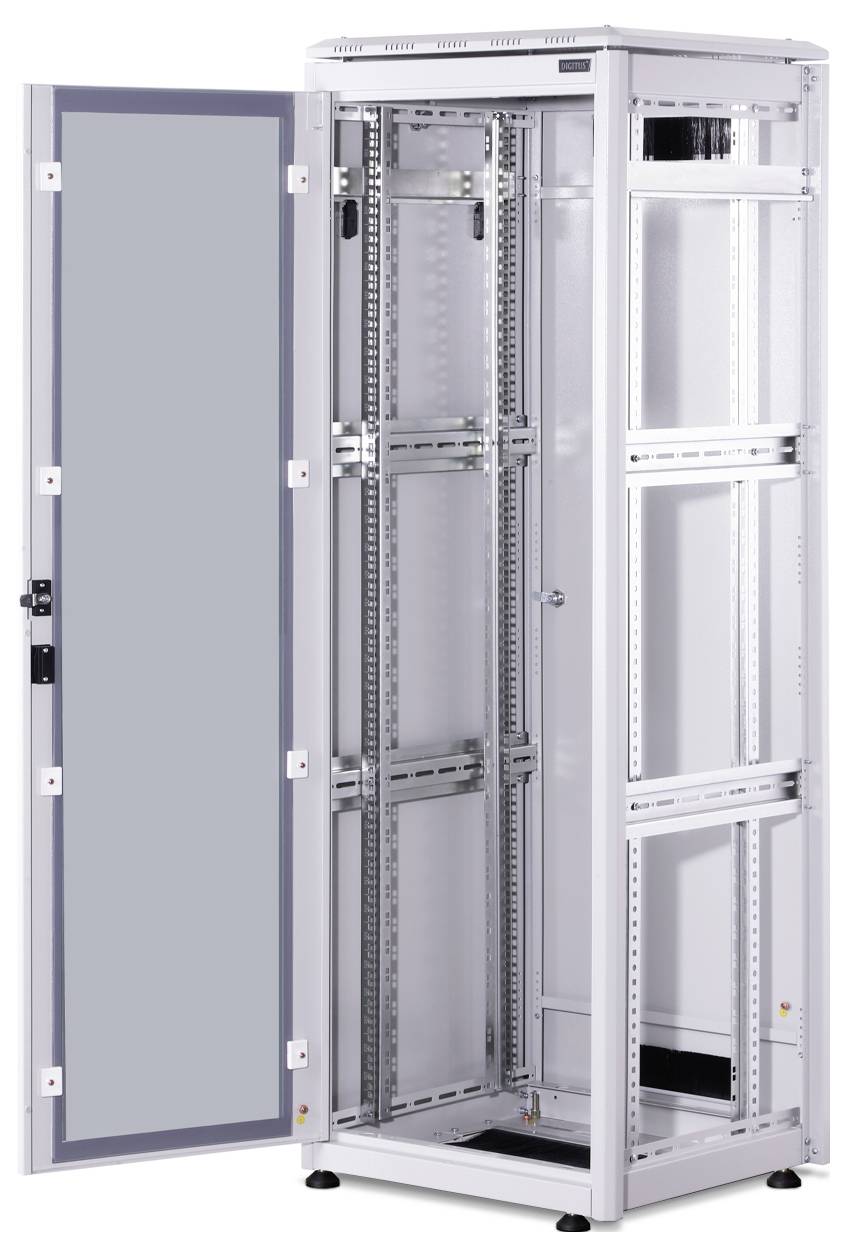 An open server cabinet with a glass door, opened to the side, reveals internal shelves and metal frame structure.