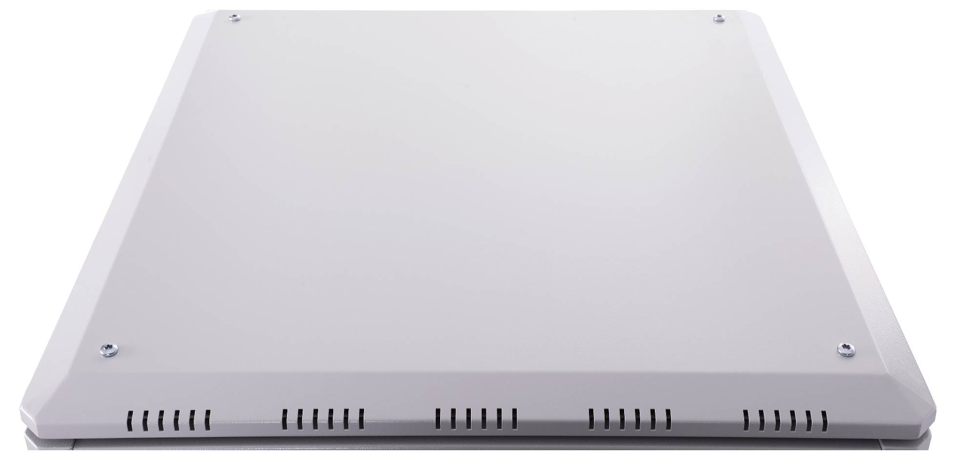 A square, grey enclosure with visible screws at the corners and ventilation slots on the sides.