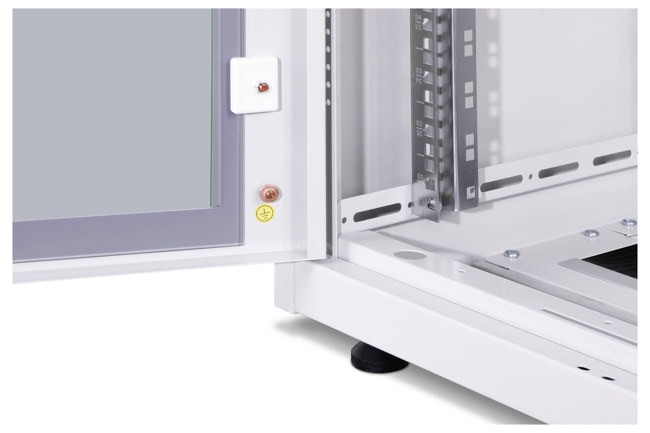 Open metal cabinet with visible mounting screws and an unlocked door.