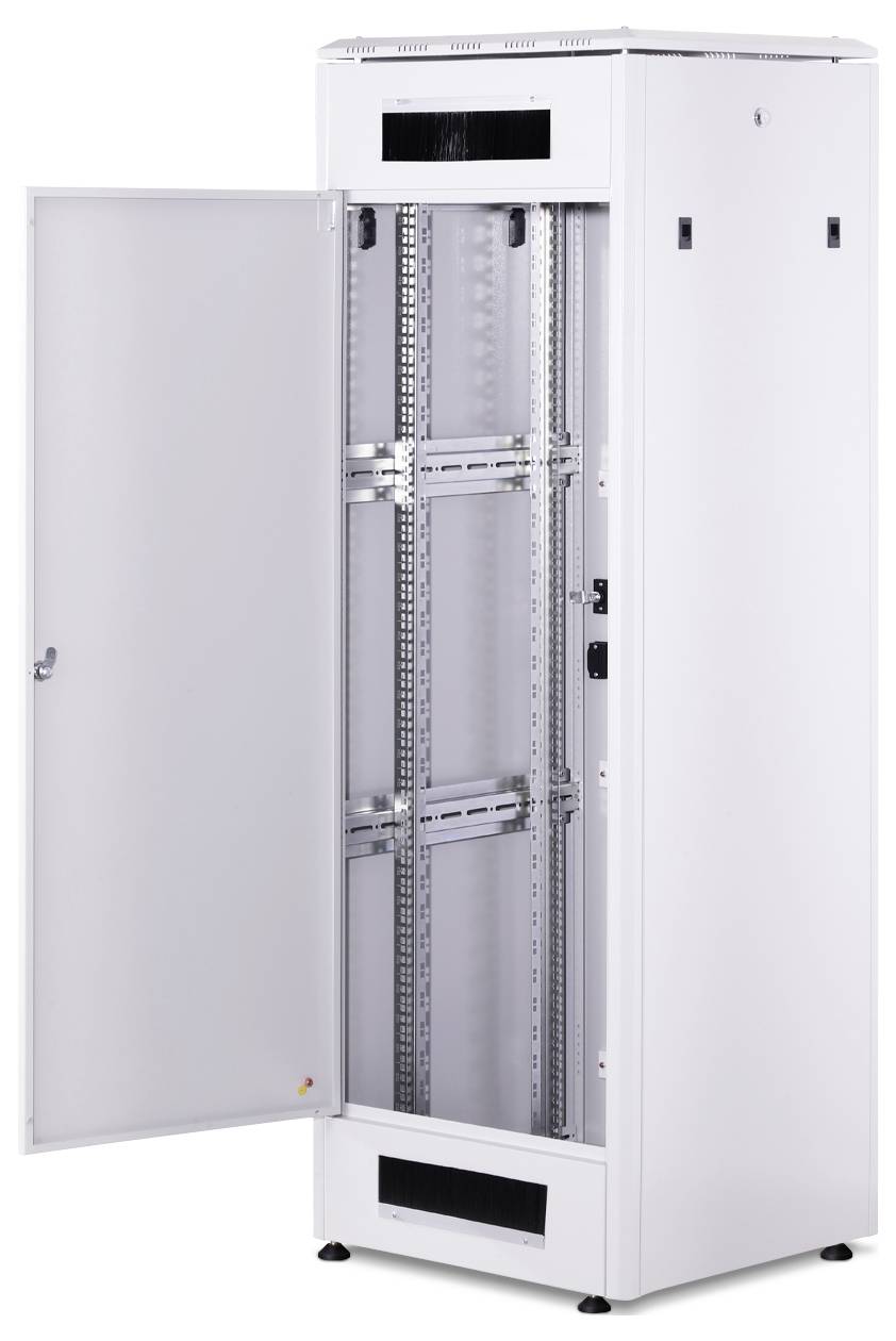 An open, empty server cabinet with a glass door, suitable for housing network or server equipment in an office.