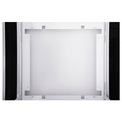 Lid of a white housing with a square cut-out in the centre and screws in the corners.